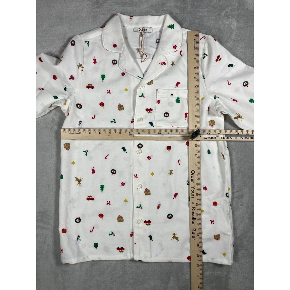 Quince Pajama Set Kids 12 White Christmas Holiday Print Button Up Sleepwear
